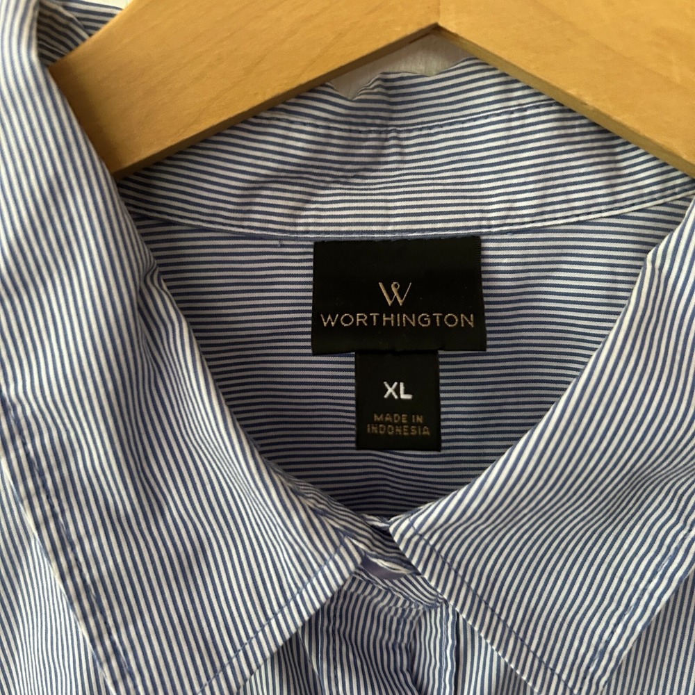 Worthington Collared Blouse Womens XL Blue Striped Button Front Corpcore Classic - Picture 4 of 6